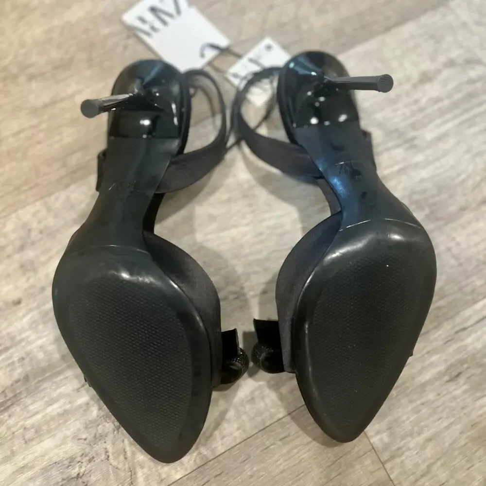 ZARA Embellished Slingback Bow Heels NWT — Size 8 Black Satin - Picture 16 of 16